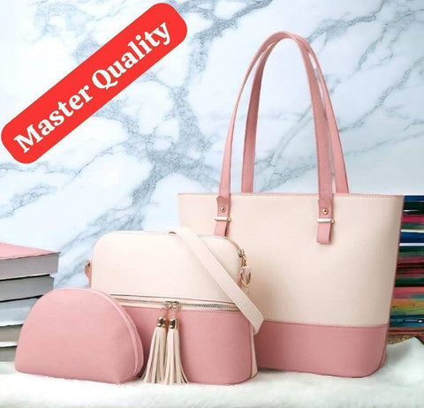 Stylish Girl's Rexine Hand Bag Set - 3 Pcs in Pink